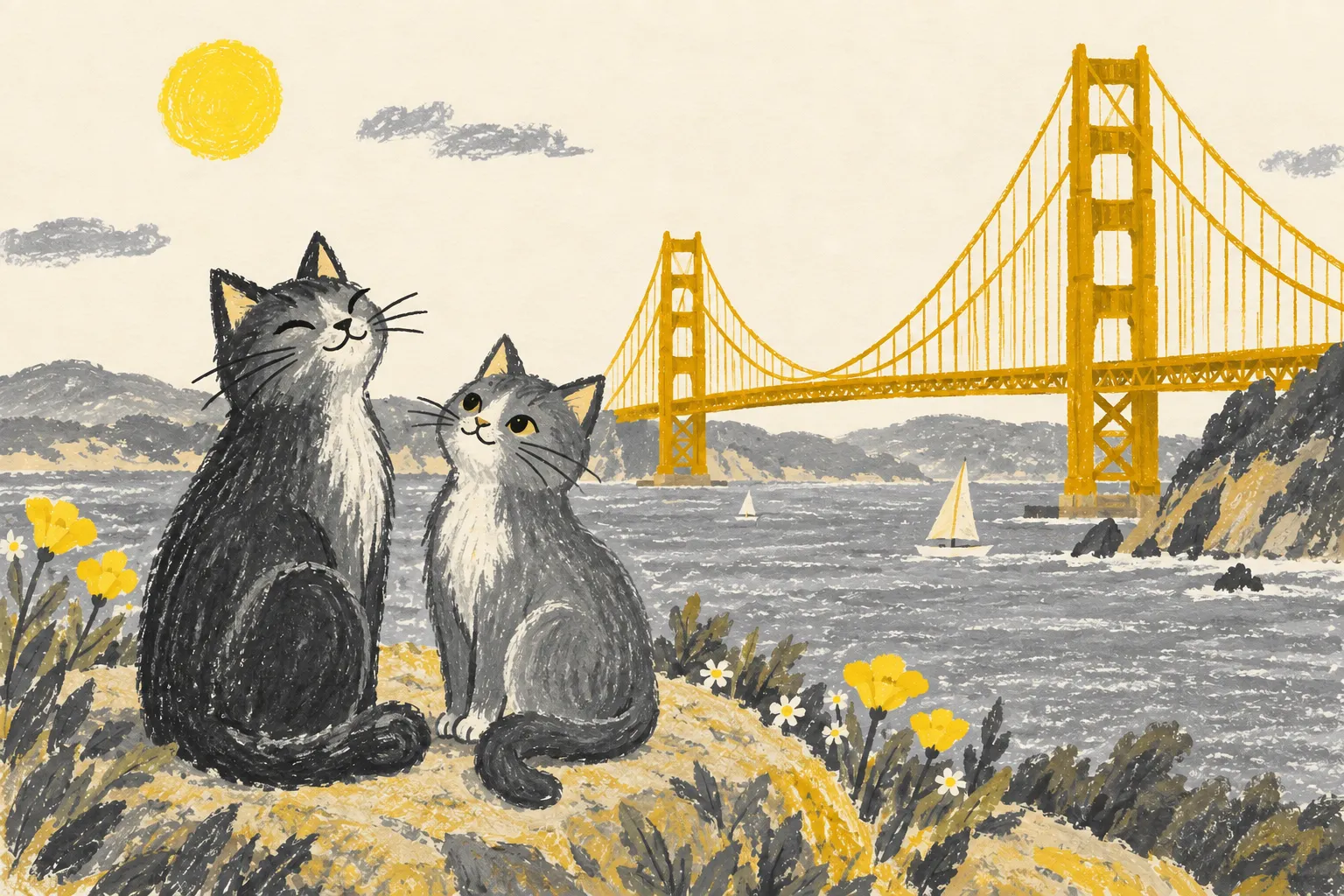 Two gray cats beside a yellow bridge and a silver-gray bay
