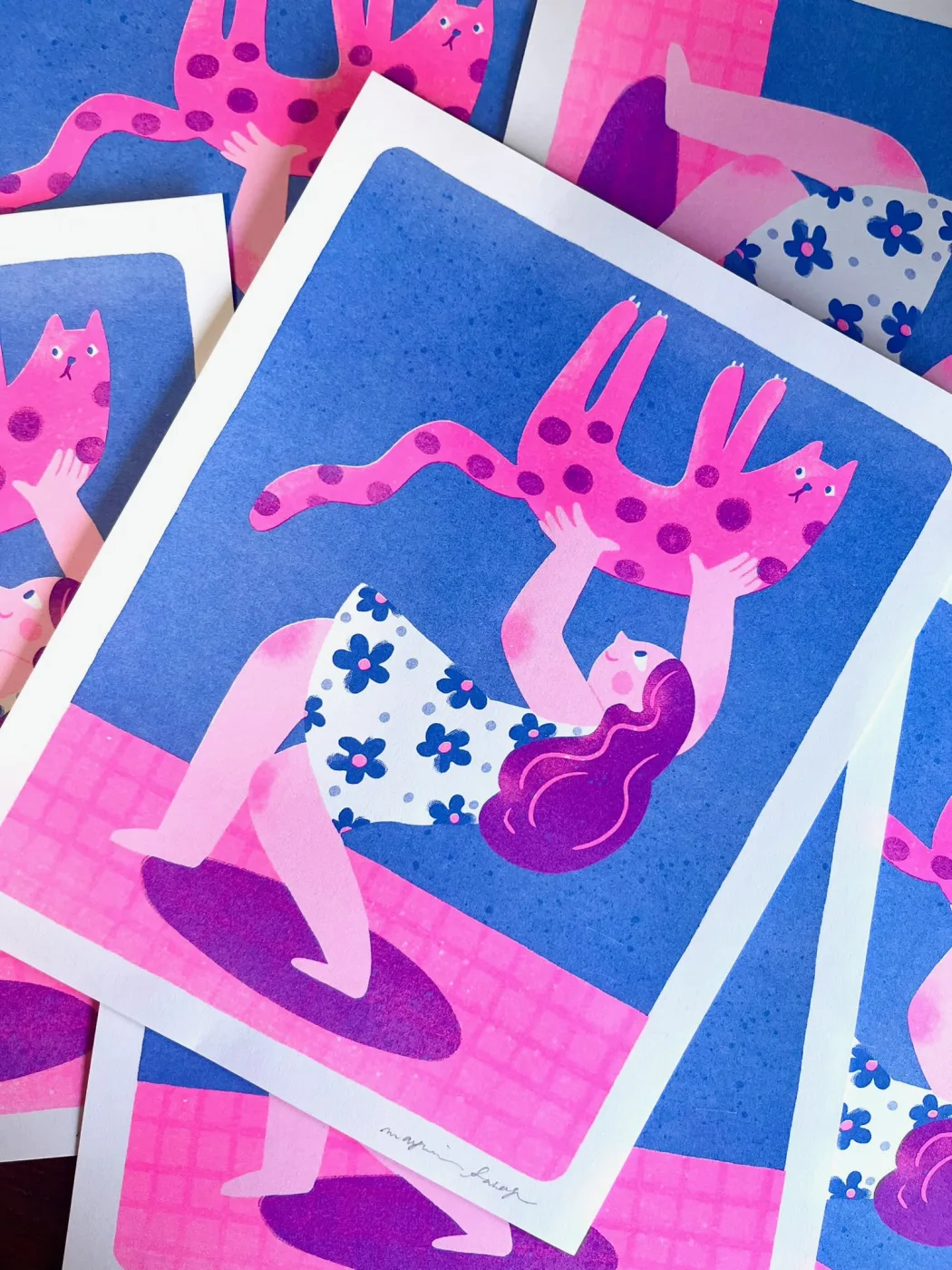 Pink cat and person illustration on a blue background.